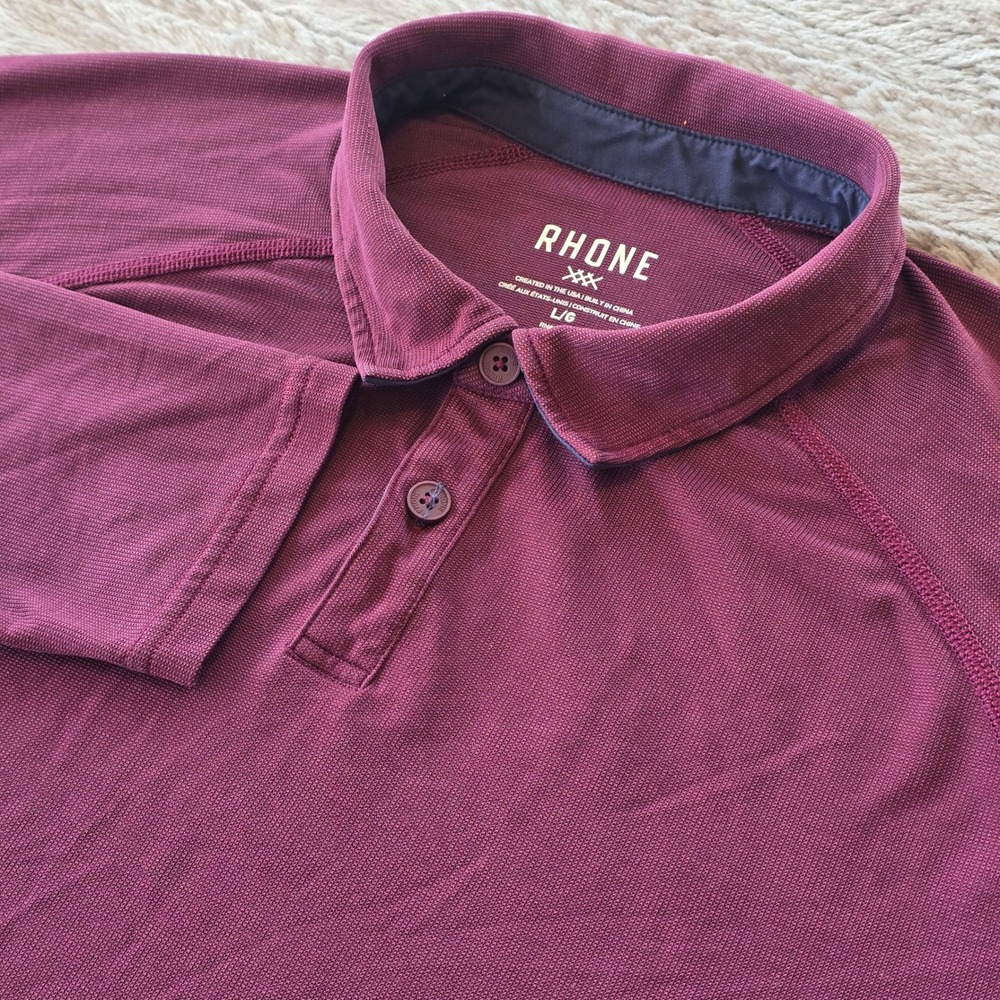 Rhone Delta Pique Long Sleeve Polo Shirt Mens Large Burgundy‎ Maroon Performance